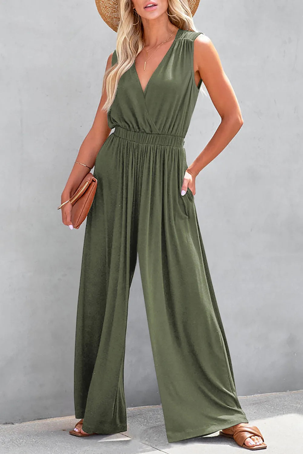 Jungle Green Deep V Pleated Crisscross Wide Leg Backless Jumpsuit - Chic Meadow Boutique 