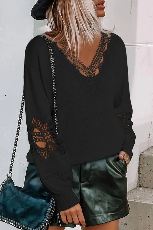 Black Hollowed Lace Splicing V Neck Loose Sweater - Chic Meadow Boutique 