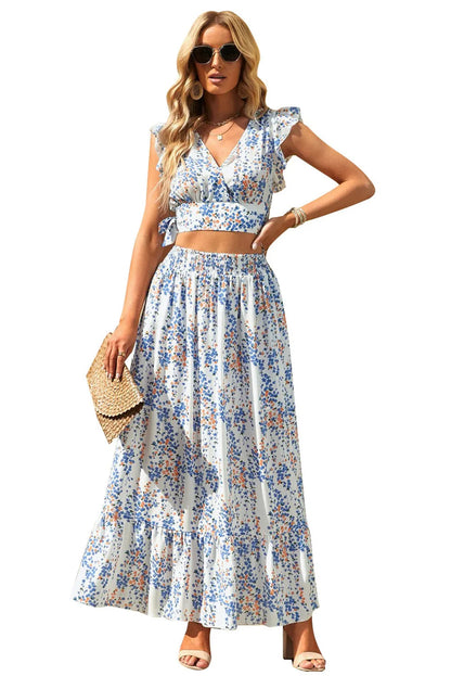 White Floral Ruffled Crop Top and Maxi Skirt Set - Chic Meadow Boutique 