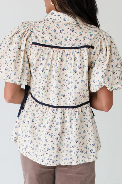 White Contrast Trim Floral Puff Short Sleeve Shirt