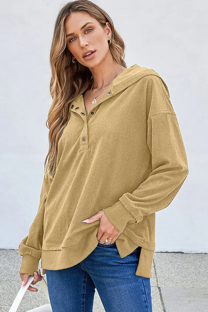 Simply Taupe Solid Ribbed Knit Buttoned Drop Shoulder Oversized Hoodie - Chic Meadow Boutique 