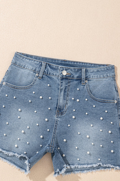 Dusk Blue Pearl Beaded Raw Hem Medium Wash Denim Shorts