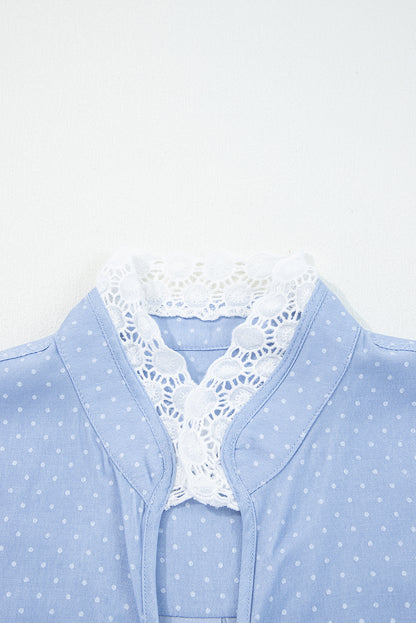 Beau Blue Lace Trim Patchwork Dotted Print Collared Denim Blouse