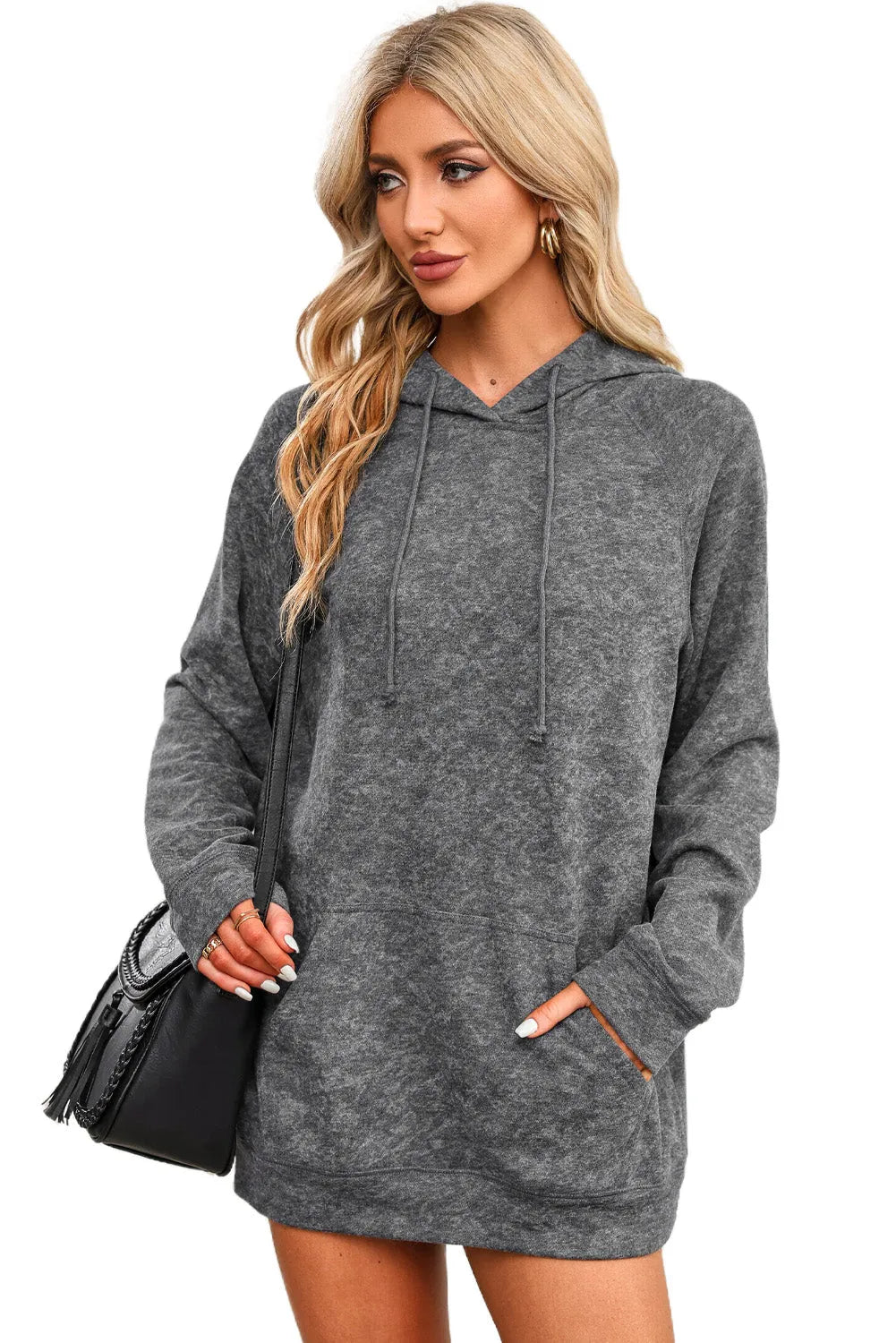 Gray Mineral Wash Kangaroo Pocket Drawstring Pullover Hoodie - Chic Meadow Boutique 