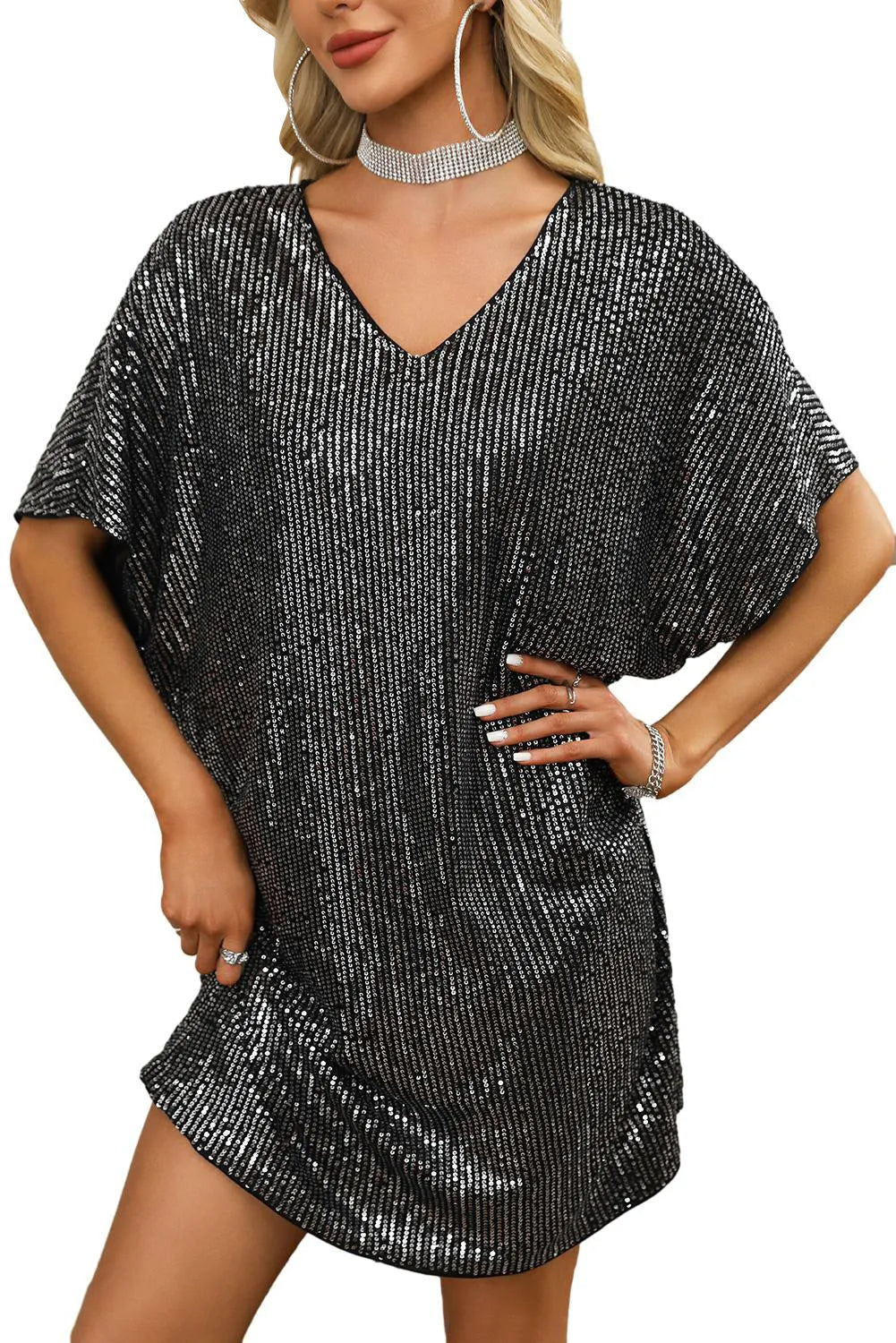 Dark Grey Sequin V Neck Dolman Sleeve Shift Dress - Chic Meadow Boutique 