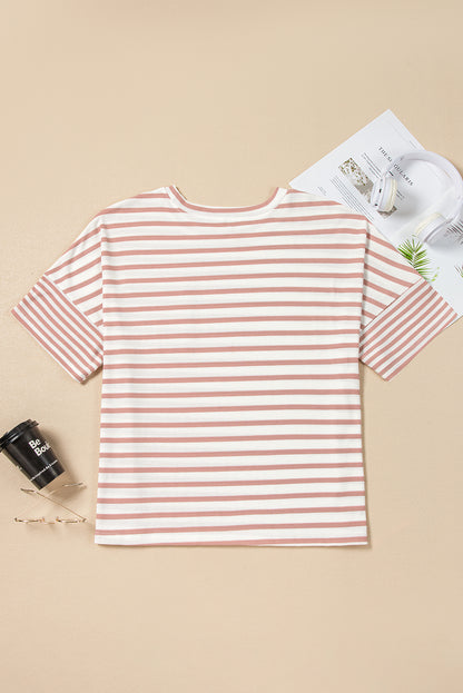 Pink Stripe Waffle Knit Pocketed Half Sleeve Plus Size T Shirt
