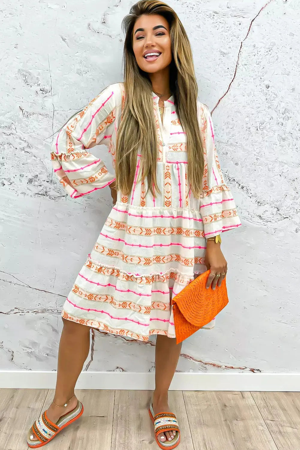 Orange Bohemian Printed Bracelet Sleeve Slit Neck Ruffled Loose Dress - Chic Meadow Boutique 