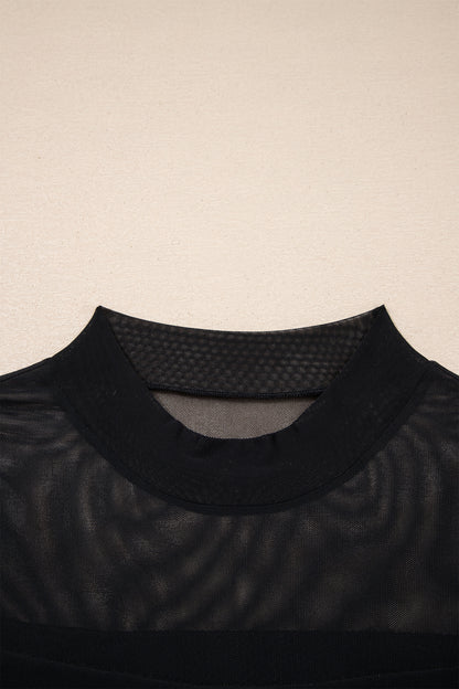Black Sheer Mesh Patchwork Cap Sleeve T Shirt
