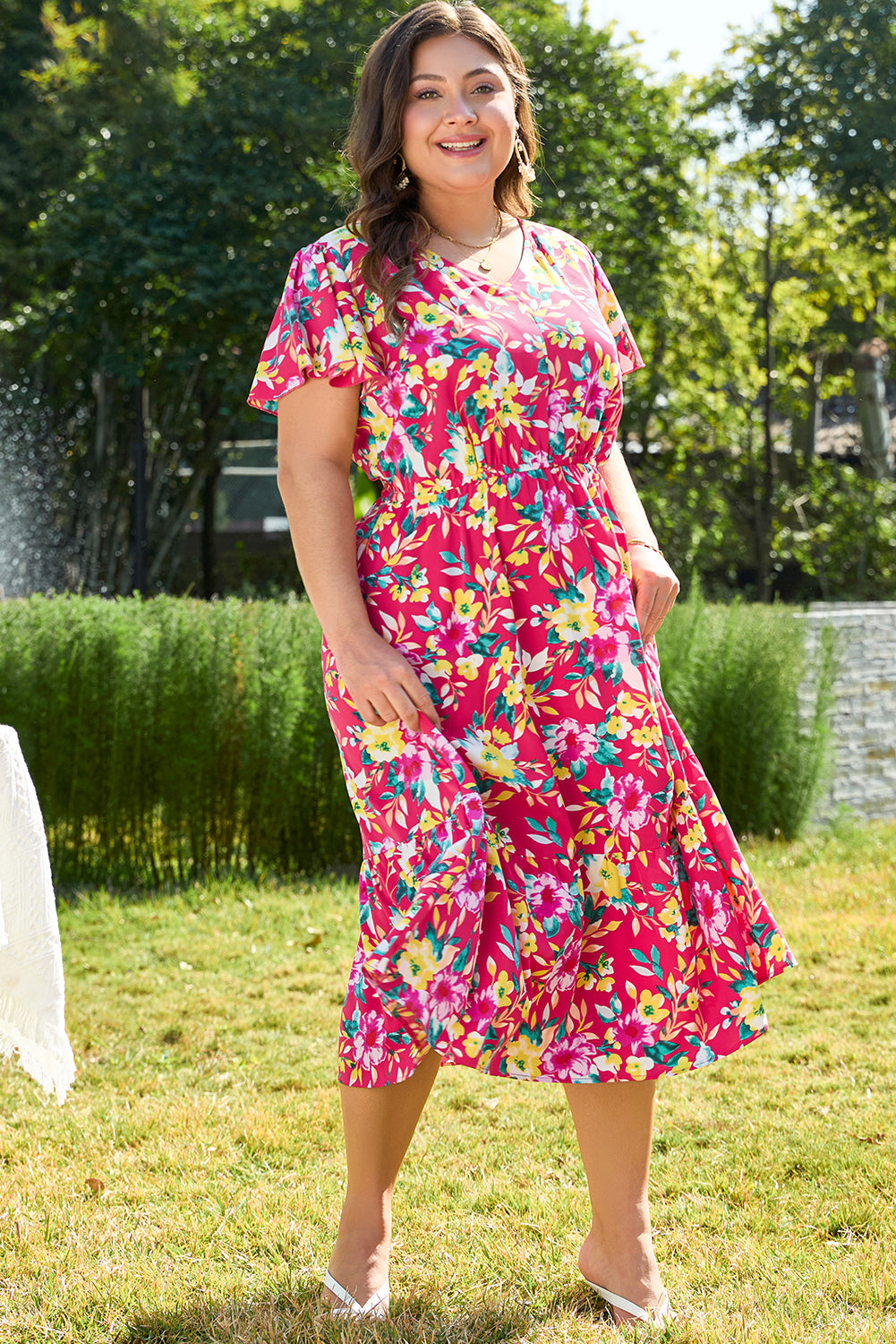 Pink Floral Print V Neck Pocketed High Waist Plus Size Midi Dress