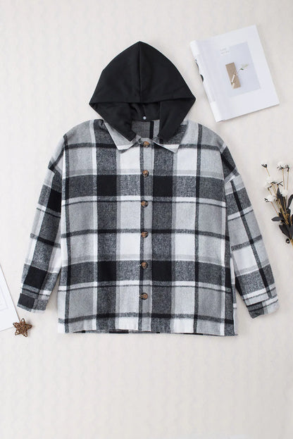 Gray Hooded Plaid Button Front Shacket - Chic Meadow Boutique 