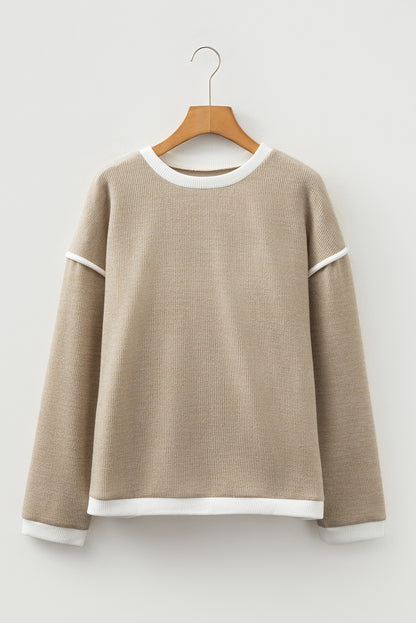 Beige Contrast Color Trim Knit Drop Shoulder Loose Top