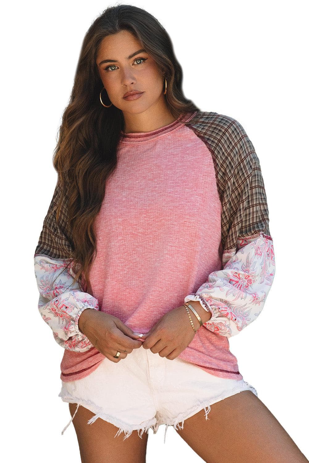 Tops/Long Sleeve Tops Fushia Mixed Print Patchwork Raglan Ribbed Knit Top