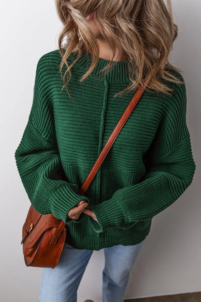 Blackish Green Textured Knit Crewneck Lantern Sleeve Sweater - Chic Meadow Boutique 