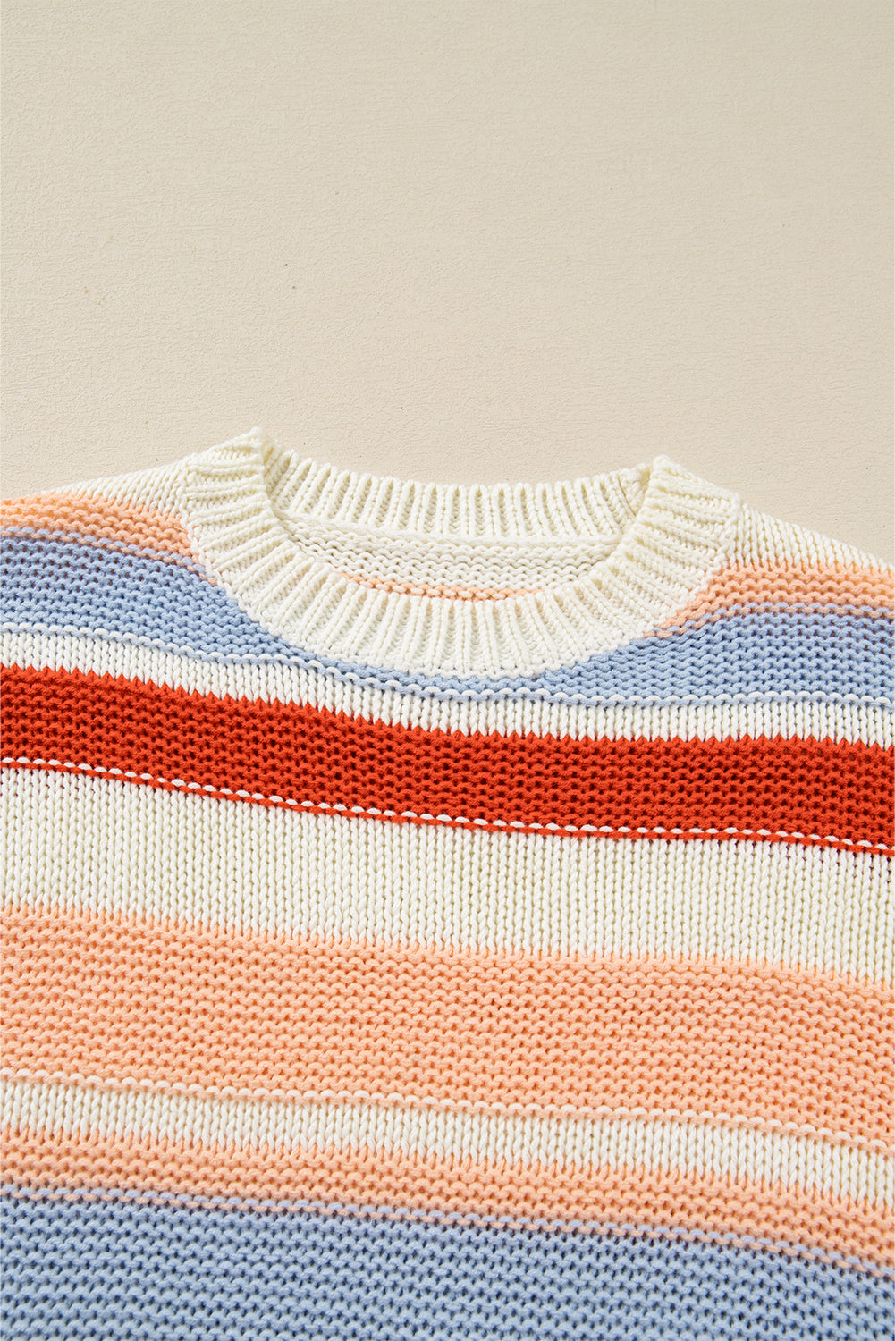 Pink Striped Colorblock Round Neck Drop Shoulder Sweater