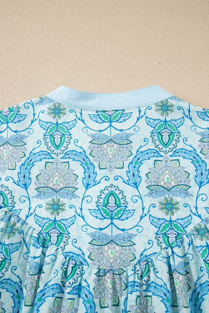Sky Blue Paisley Print Puff Sleeve Loose Shirt