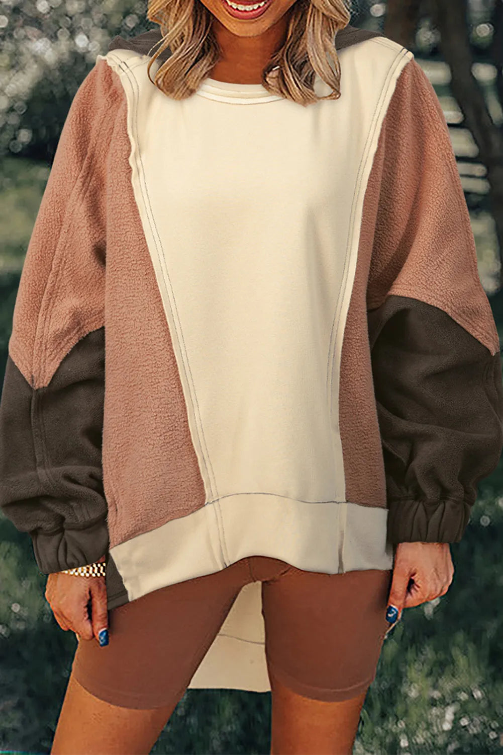 Beige Oversized Color Block Patchwork High Low Hoodie - Chic Meadow Boutique 