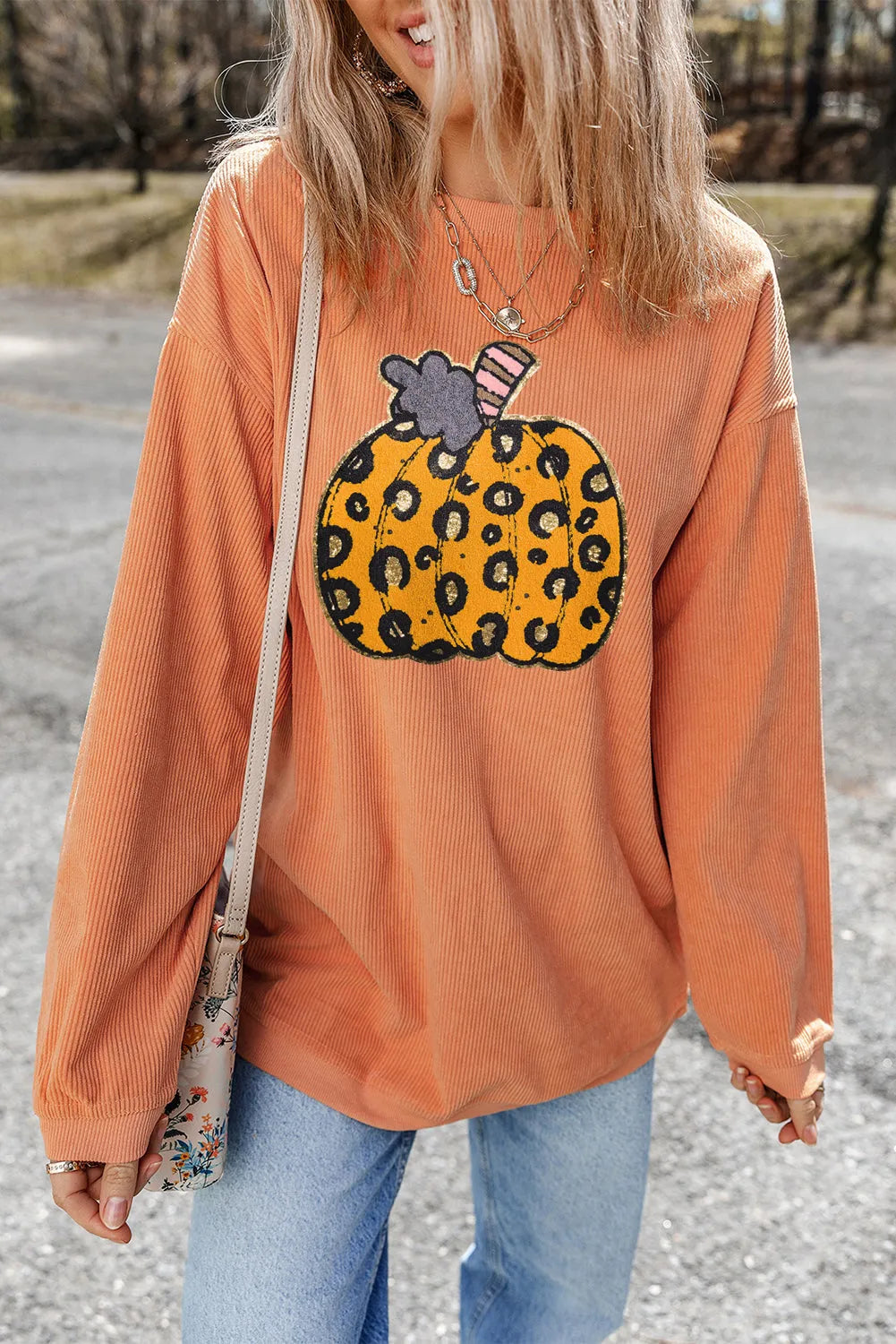 Orange Halloween Leopard Pumpkin Patchwork Ribbed Sweatshirt - Chic Meadow Boutique 