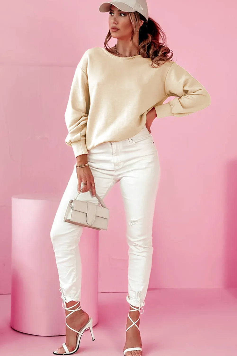 Apricot Bowknot Dewback Round Neck Sweatshirt - Chic Meadow Boutique 