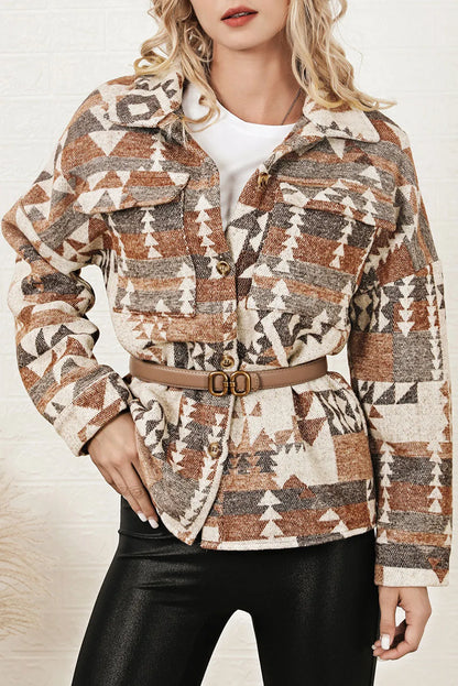 Brown Aztec Print Flap Pocket Button-up Jacket - Chic Meadow Boutique 