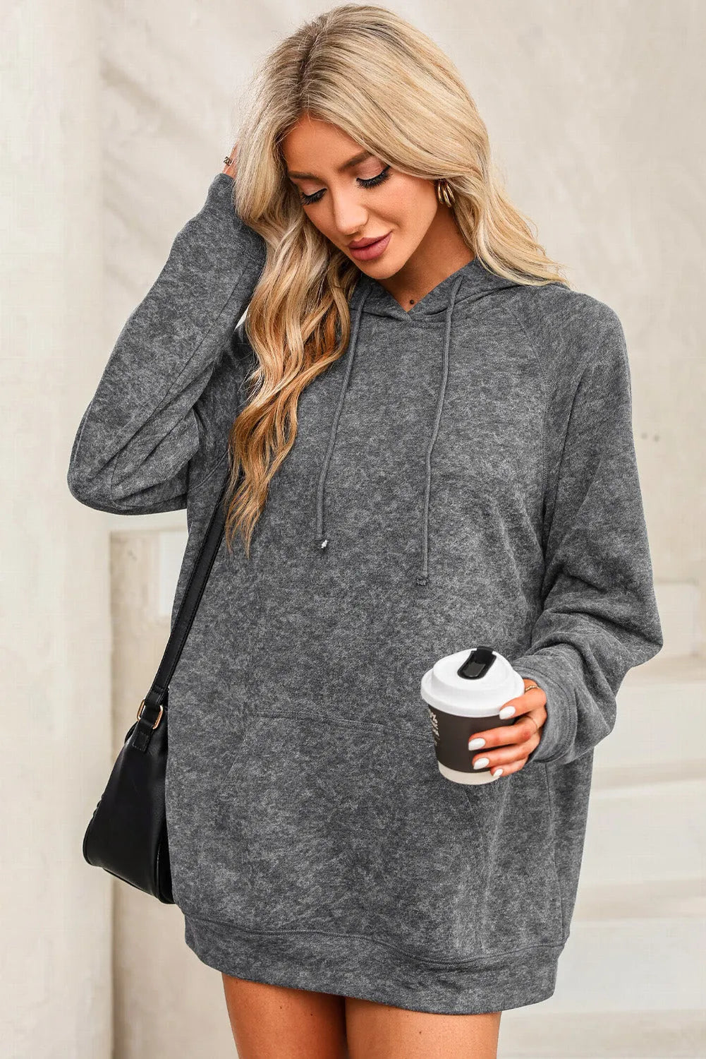 Gray Mineral Wash Kangaroo Pocket Drawstring Pullover Hoodie - Chic Meadow Boutique 