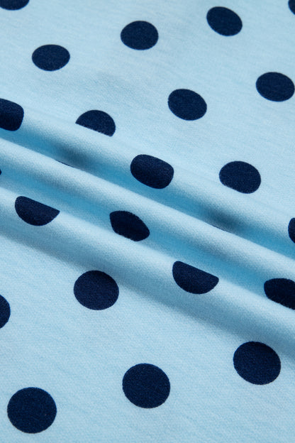 Sky Blue Polka Dot Drop Shoulder Polo Loose Pullover Patch Pocket Casual Shorts Set