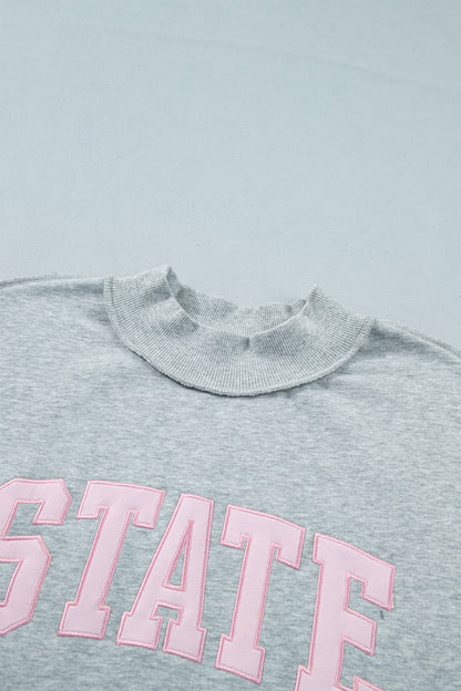 Light Grey Exposed Seam Mock Neck Letter Embroidered Loose Sweatshirt