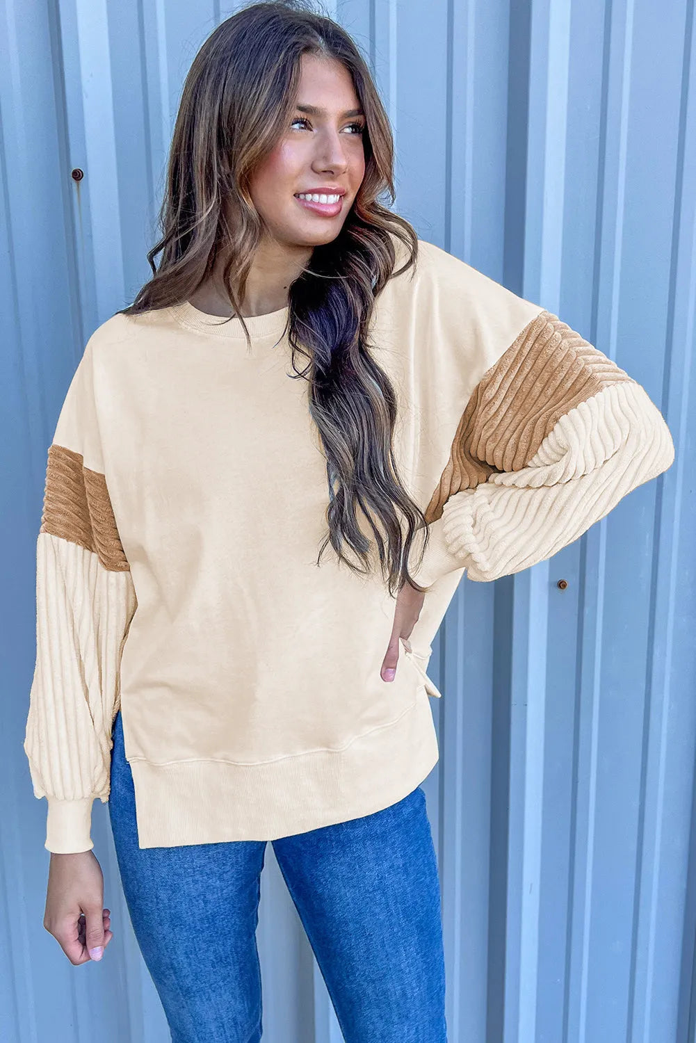 Apricot Corduroy Patchwork Drop Shoulder Long Sleeve Sweatshirt - Chic Meadow Boutique 