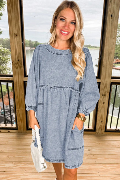 Beau Blue Light Wash High Waist Loose Fit Denim Mini Dress - Chic Meadow Boutique 