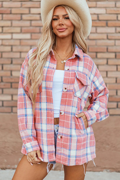 Pink Plaid Flap Pocket Button Up Shacket - Chic Meadow Boutique 