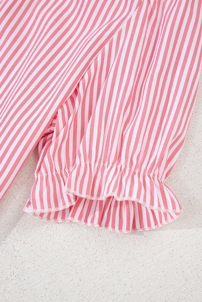 Pink Stripe Notched Neck Frilled Short Puff Sleeve Blouse