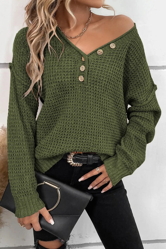 Pickle Green Pointelle Knit Button V Neck Drop Shoulder Sweater - Chic Meadow Boutique 