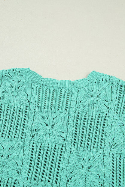 Mint Green Pointelle Knit Patterned Scalloped Trim Short Sleeve Sweater