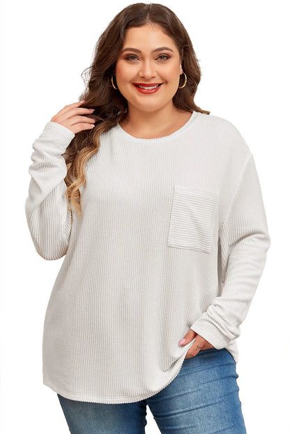 White Plus Size Ribbed Textured Long Sleeve T Shirt - Chic Meadow Boutique 