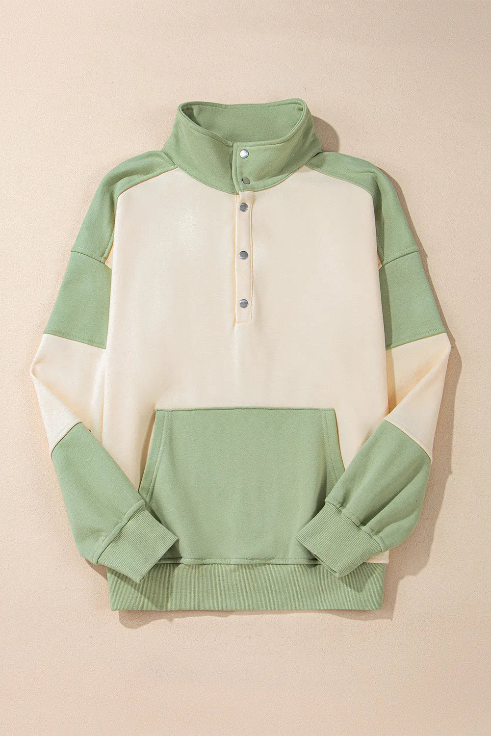 Laurel Green Colorblock Patchwork Buttoned Collar Kangaroo Pocket Sweatshirt - Chic Meadow Boutique 