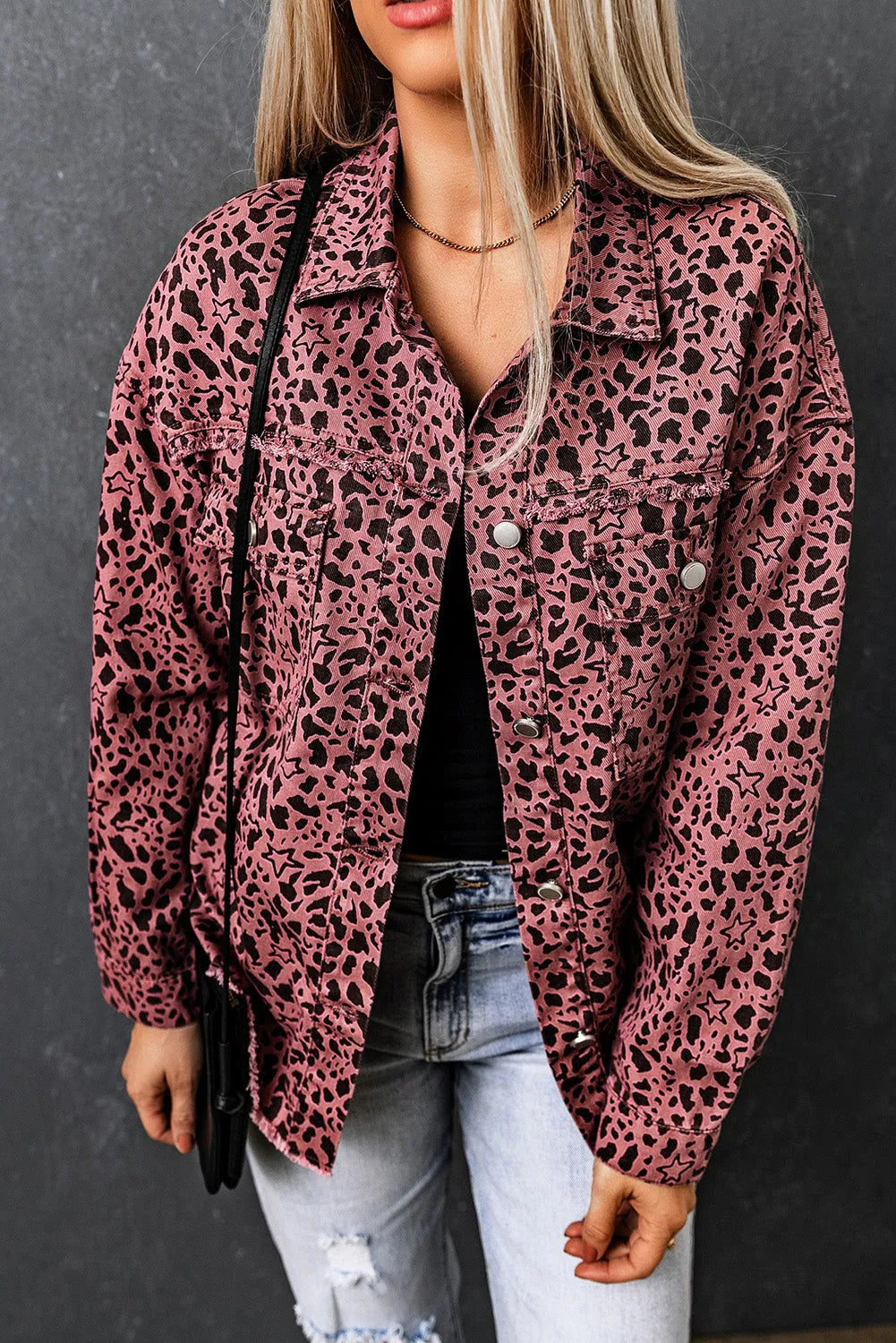 Pink Stars & Animal Spots Print Button Up Denim Shacket - Chic Meadow Boutique 