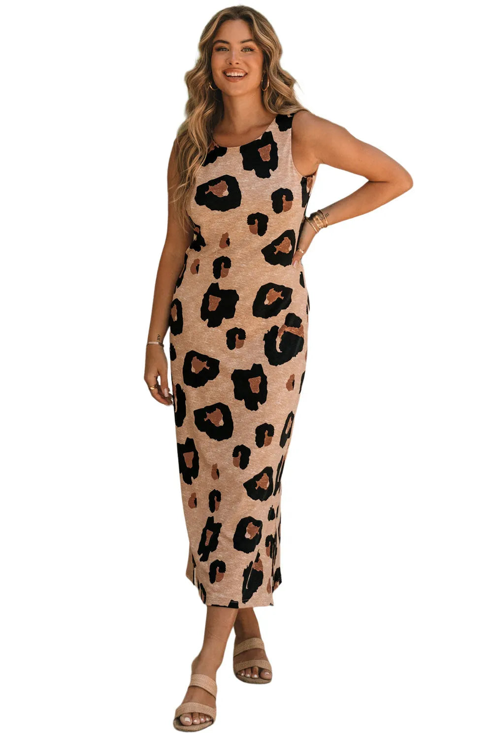 Leopard Split Open Back Sleeveless Maxi Dress - Chic Meadow Boutique 