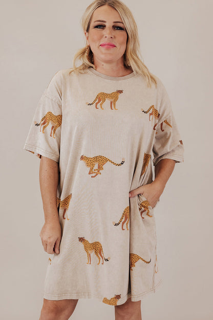 Apricot Plus Size Cheetah Print Side Pockets T Shirt Mini Dress