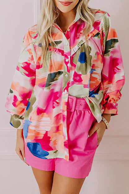 Rose Abstract Print Ruffled Puff Sleeve Shirt - Chic Meadow Boutique 