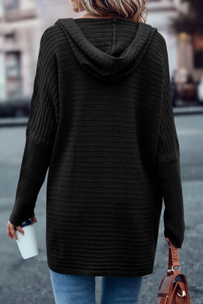 Black Horizontal Rib Knitted Open Front Hooded Cardigan - Chic Meadow Boutique 