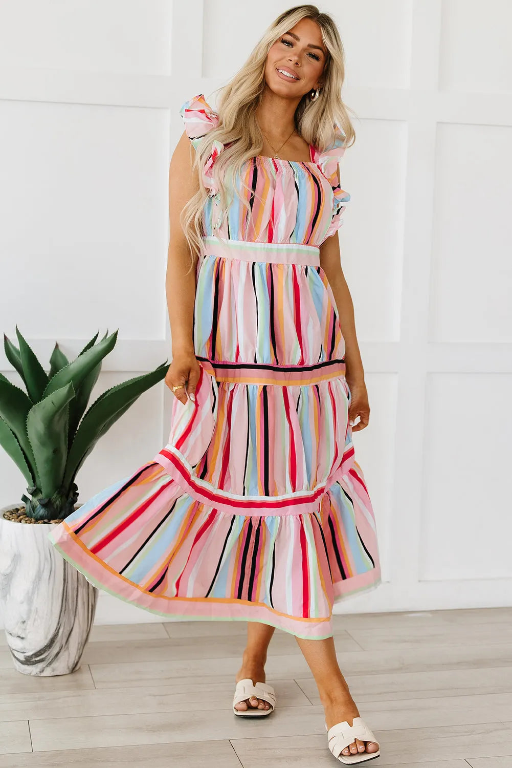 Pink Rainbow Stripe Ruffles Ruched Tiered Dress - Chic Meadow Boutique 