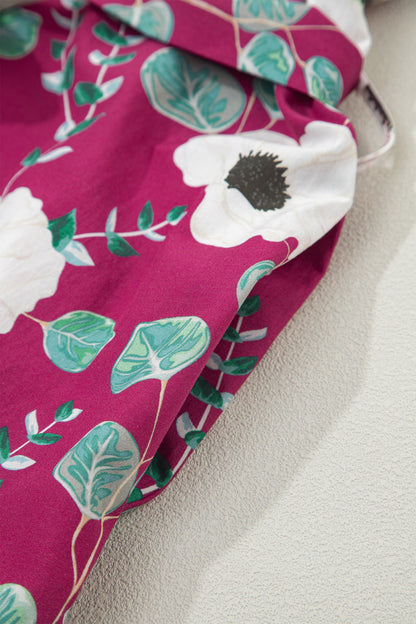 Red Floral Print Trimmed Short Puff Sleeve Mini Dress with Belt