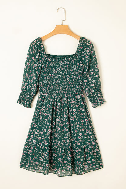 Green Smocked Square Neck Puff Short Sleeve Floral Dress