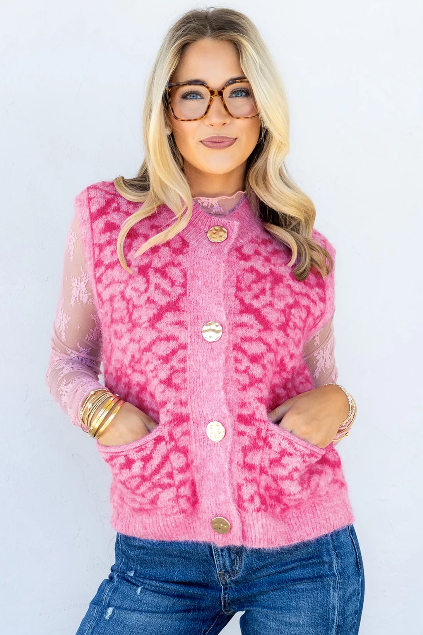 Pink Leopard Print Knit Sleeveless Regular Wash Sweater Vest
