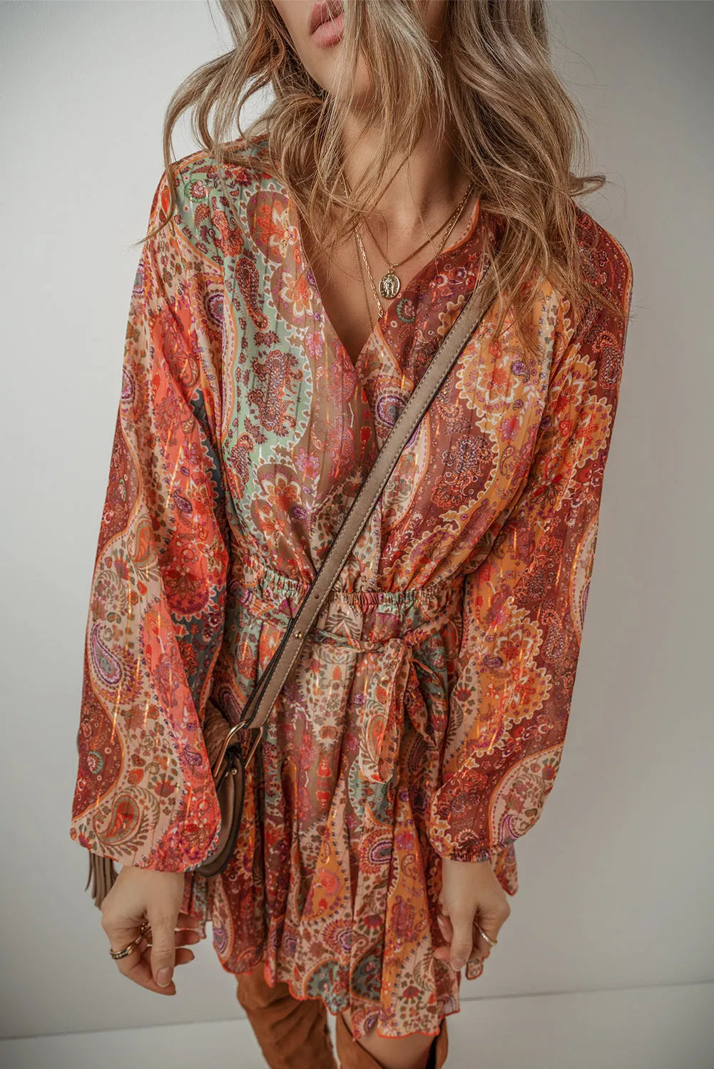 Orange Boho Paisley Print Long Sleeve Pleated Belted Mini Dress - Chic Meadow Boutique 