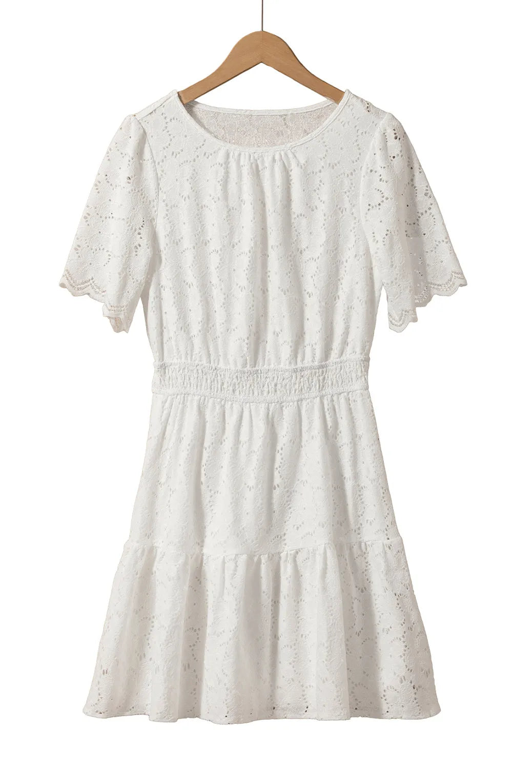 Beige Scalloped Floral Lace Crochet Short Sleeve Mini Dress - Chic Meadow Boutique 