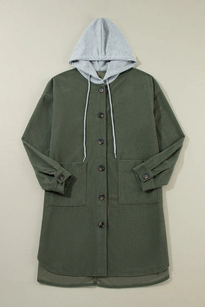 Jungle Green Oversized Corduroy Contrast Hooded Shacket - Chic Meadow Boutique 