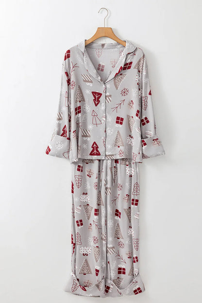 Light Grey Christmas Printed Shirt and Pants Pajama Set - Chic Meadow Boutique 