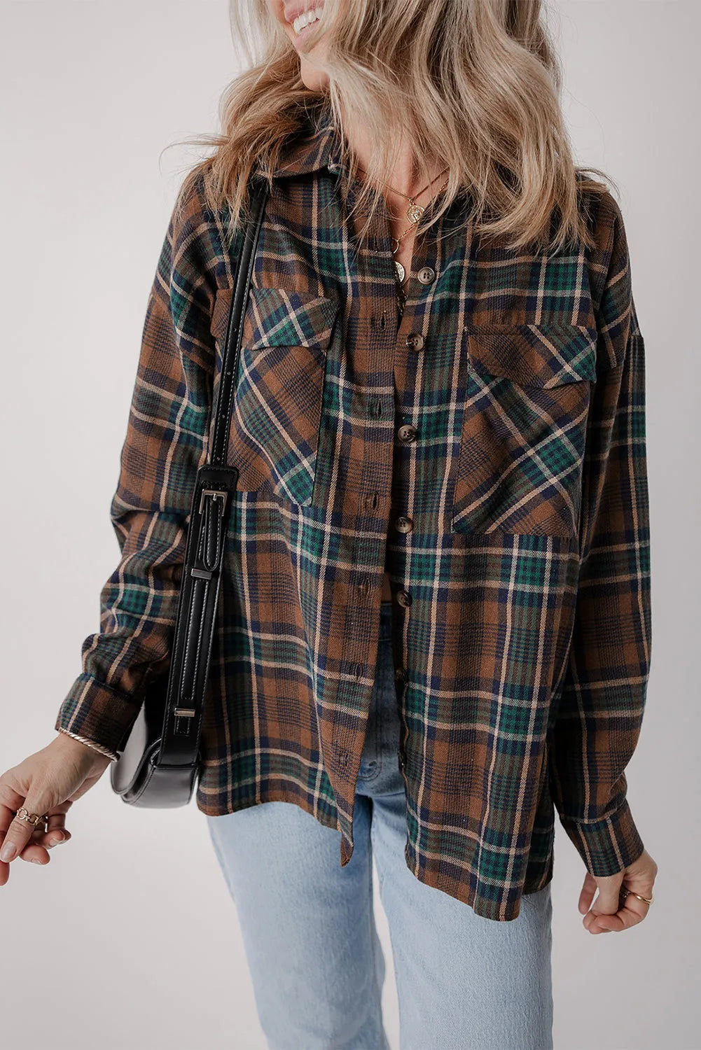 Brown Plaid Print Chest Pockets Buttoned Shirt Jacket - Chic Meadow Boutique 