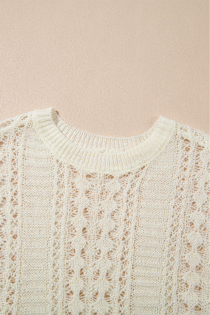 White Hollow Out Knit Bracelet Sleeve Drop Shoulder Sweater