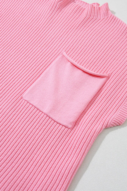 Tops/Short Sleeve Sweaters Pink Patch Pocket Ribbed Knit Short Sleeve Sweater